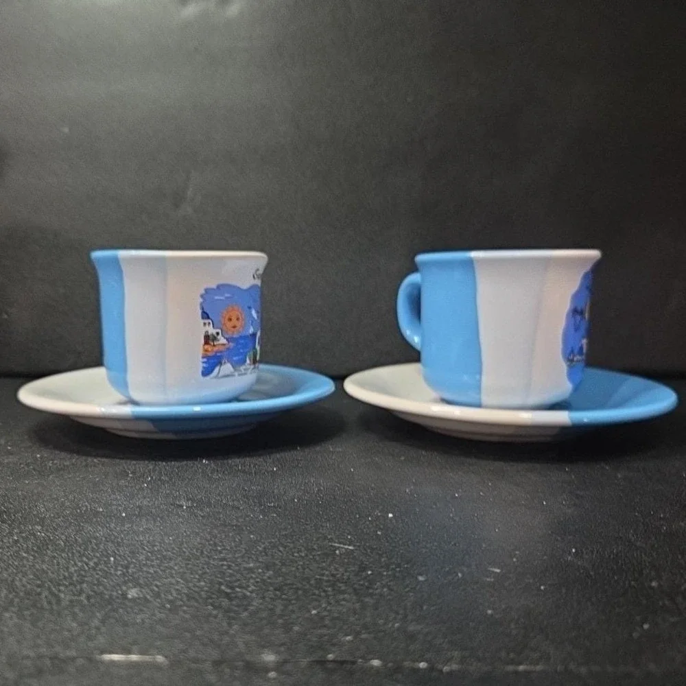 Greek Pottery Cup and Saucer Set, Santorini Coast Mug Blue White Greece Souvenir - Picture 6 of 10